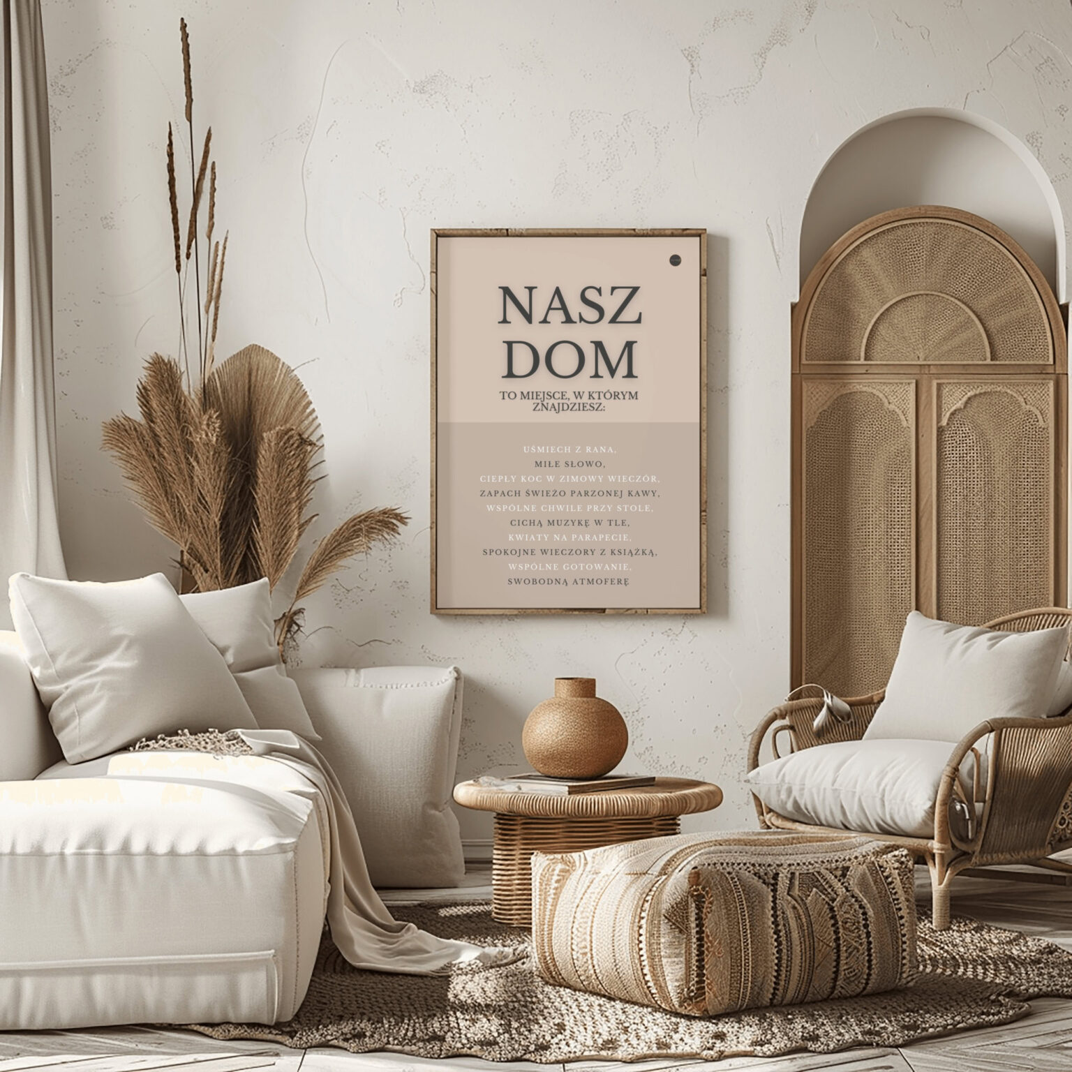 Obraz boho z polskim cytatem o domu i miłości.