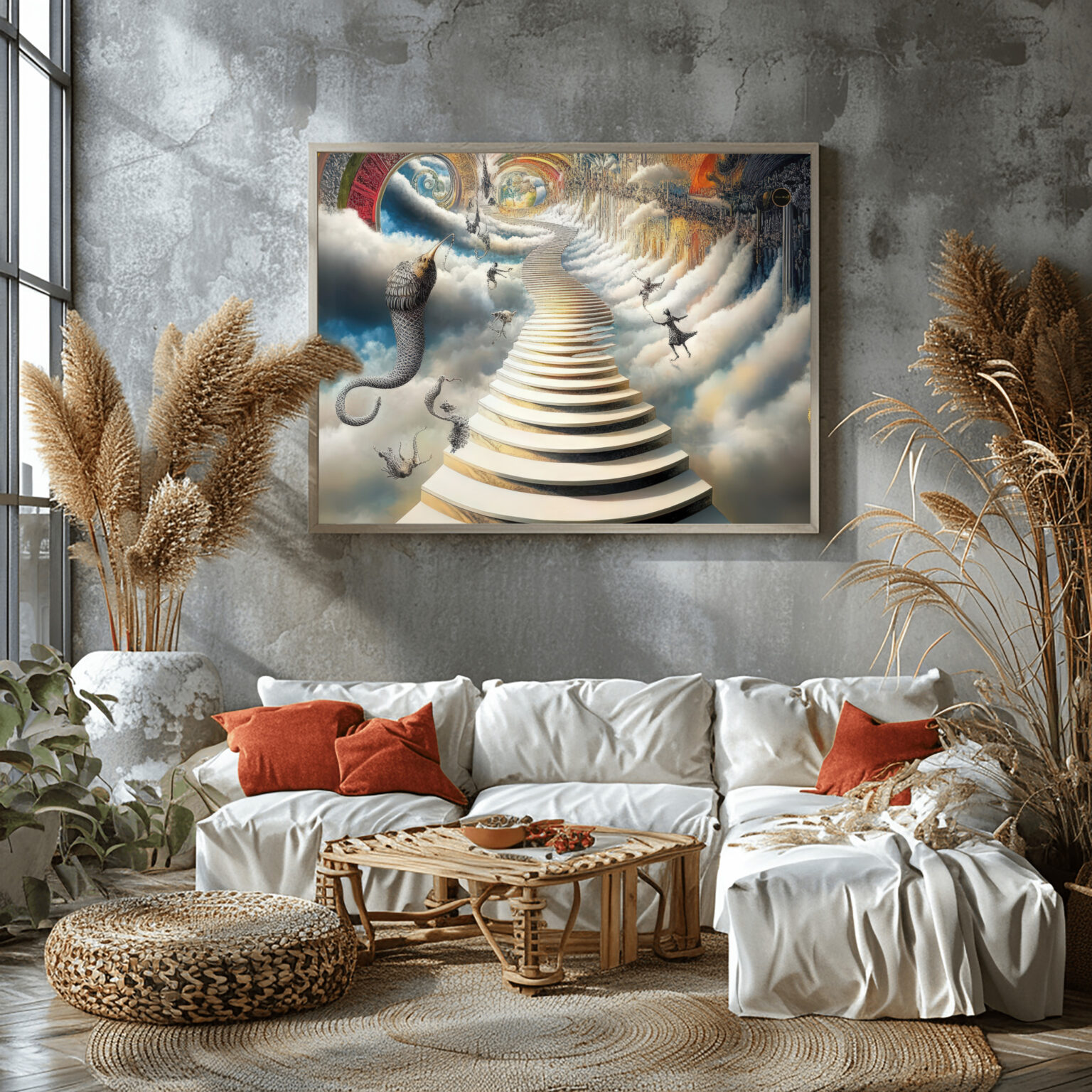 Nowoczesny, surrealistyczny obraz nieskończonych schodów idealny dokreatywnej przestrzeni