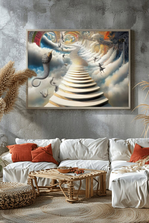 Nowoczesny, surrealistyczny obraz nieskończonych schodów idealny dokreatywnej przestrzeni