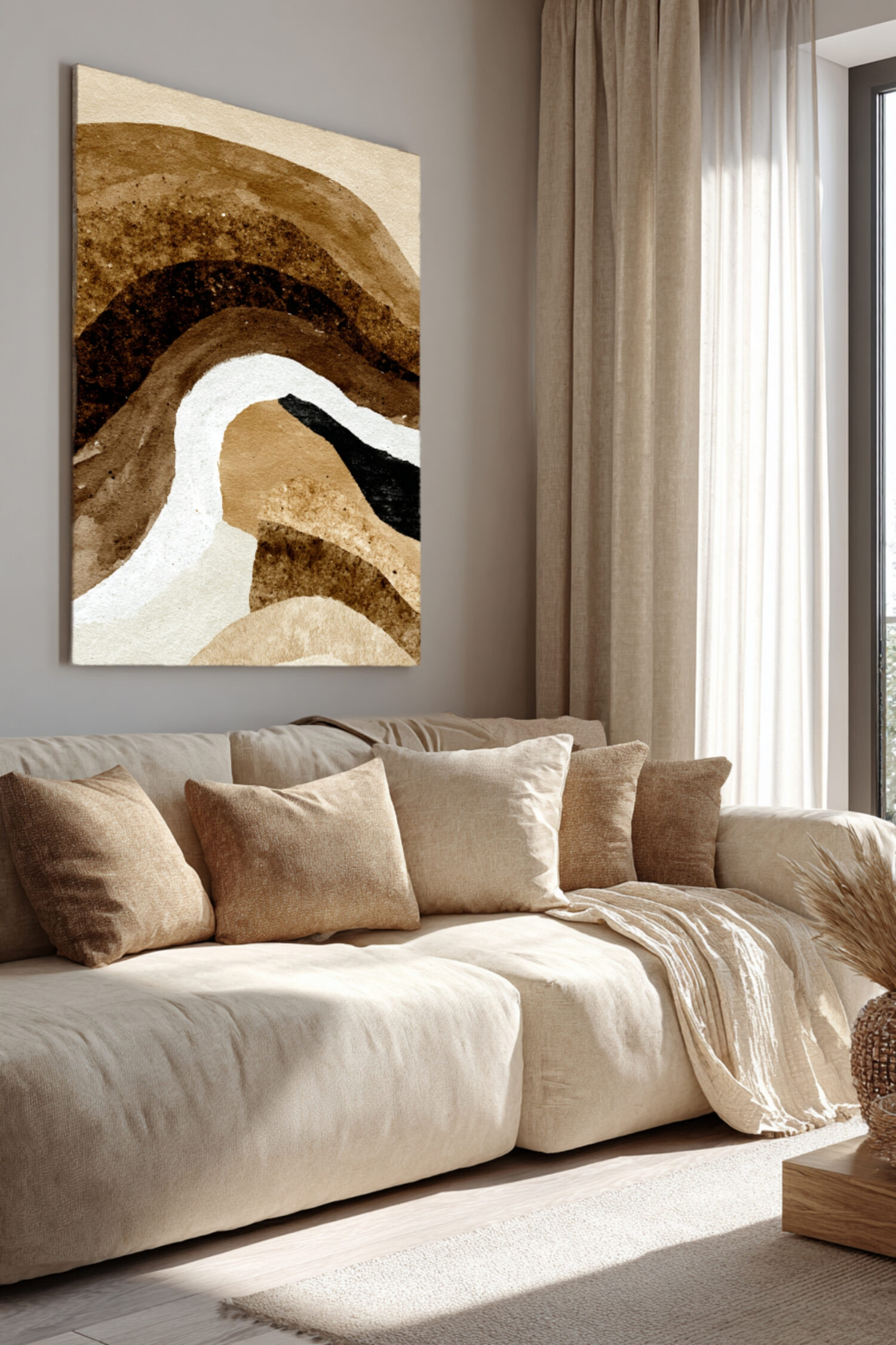 abstrakcyjny obraz w odcieniach beżu i brązu nowoczesna dekoracja ścienna w salonie